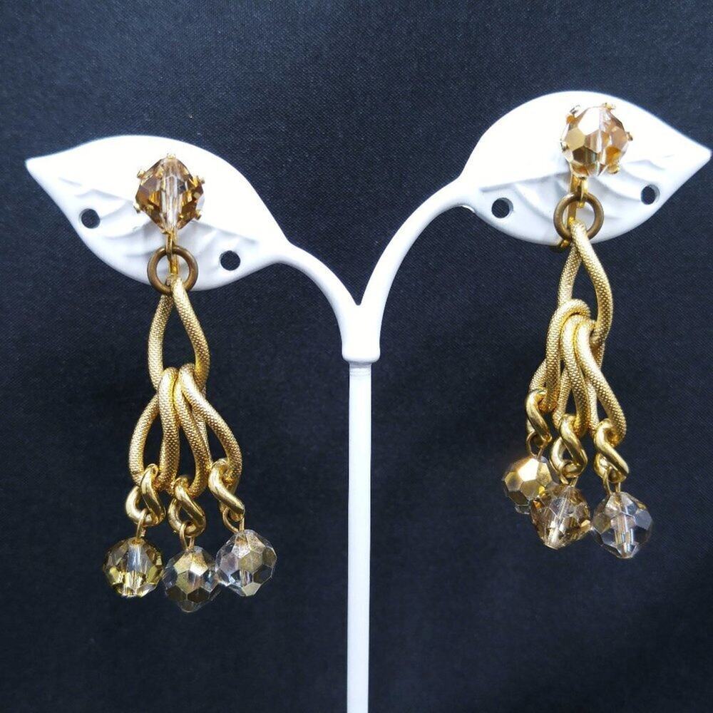 Vintage Crystal Beaded Earrings, Gold Metallic Clear Beads,  2 Inches